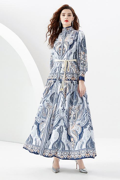 You Spin Me Around Fall Vintage Blue Paisley Pattern Stand Collar, Puff Long Sleeve Party, Festive Flowy Maxi Dress